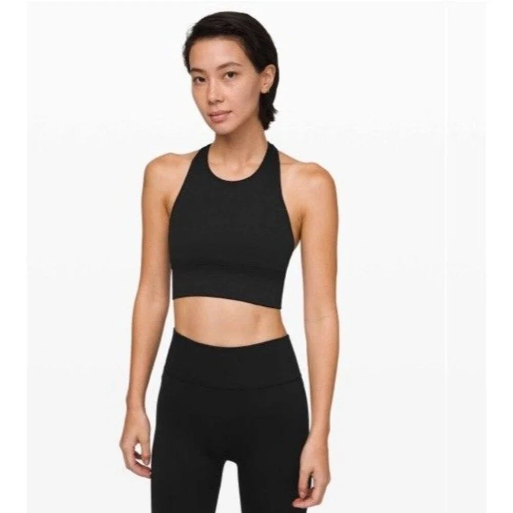 Lululemon Women Ebb to Train Sports Bra Size 2 Black Longline High Neck Gym Yoga